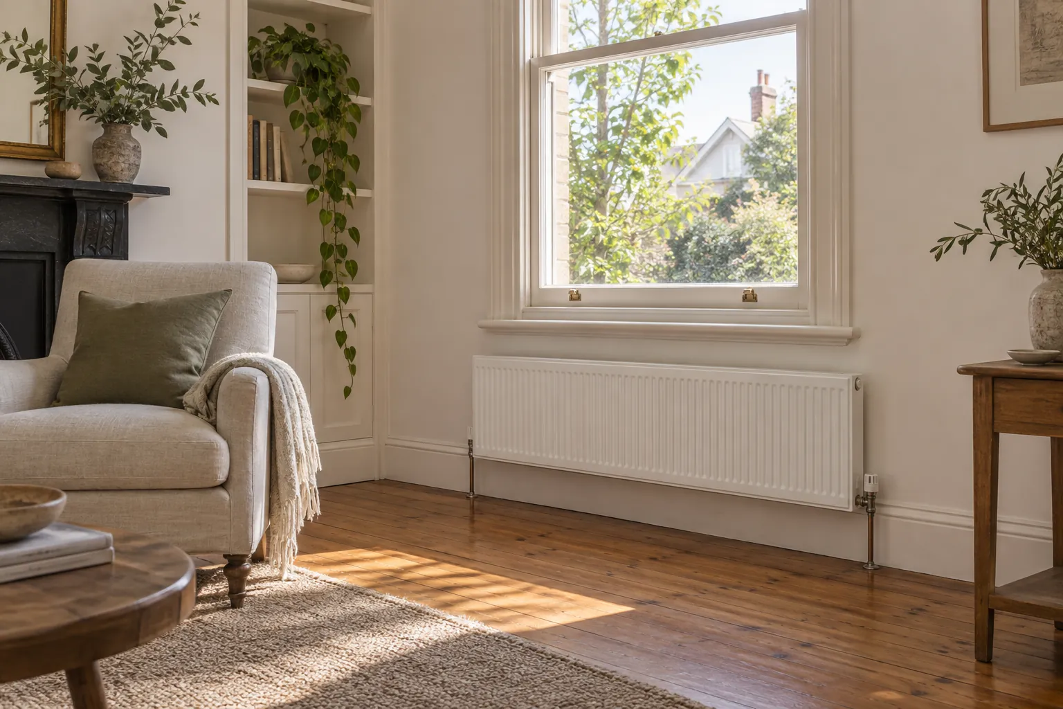 Living room with a wall radiator beneath a window